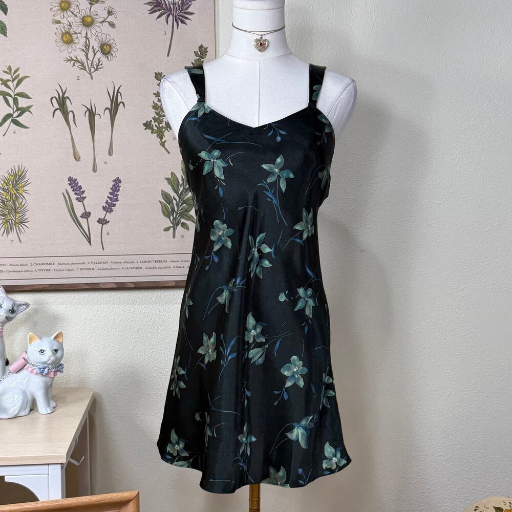Vtg 90s Y2k Green Floral Satin Mini Slip Dress Forest Dark Fairy Whimsigoth XS